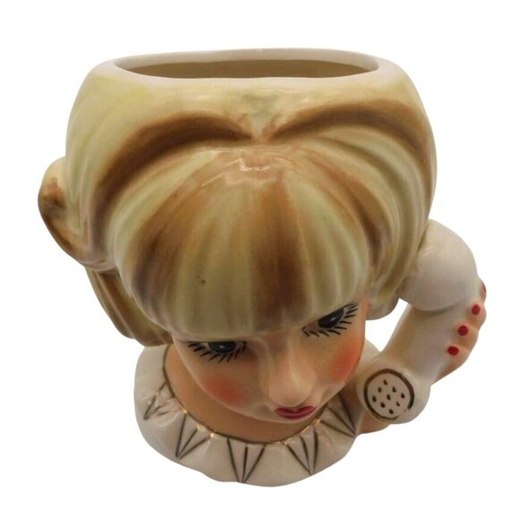 Ceramic Lady Head Vase Phone Telephone Girl Blonde Hair Planter 6" FLAW - Picture 3 of 7
